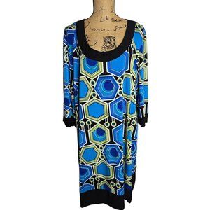 Erica Hannah Neon Blue Mod Print Dress Bell Sleeves Mod